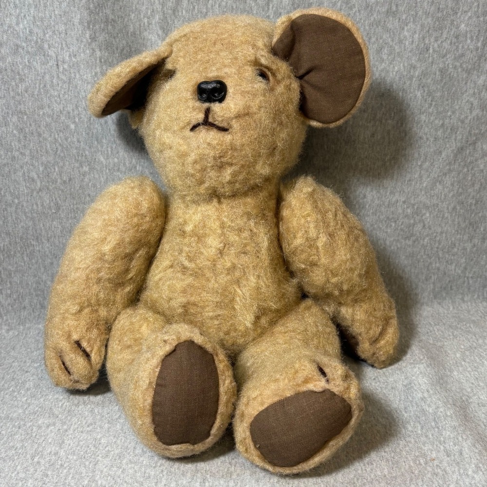 Vintage Jointed Teddy Bear 17in Tan Gold Mohair Style Plush Retro Nursery Decor